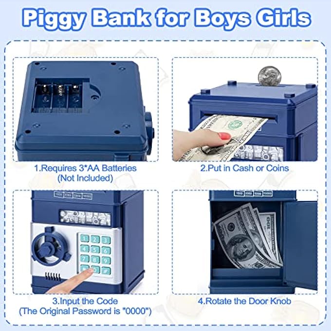 rayihni ELECTRONIC PIGGY BANK CODE LOCK FOR KIDS BABY TOY, MINI ATM SAFE COIN CASH BANKS REAL MONEY SAVING BOX WITH PASSWORD, AUTO MONEY SCROLL FOR CHILDREN,BOYS GIRLS BIRTHDAY (NAVY) - Image 4